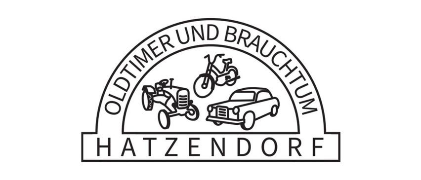 Ein schwarz-weißes Logo mit einem Traktor, einem Fahrrad und einem Auto mit den Texten 'Oldtimer und Brauchtum' und 'Atzendor'.