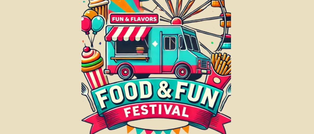 Eine farbenfrohe Illustration eines Essenswagens mit einem bunten Vordach, der Leckereien serviert. Luftballons, ein Riesenrad und ein Trichterkuchen sind in der Umgebung. Der Text lautet 'Essen & Spaß Festival.'