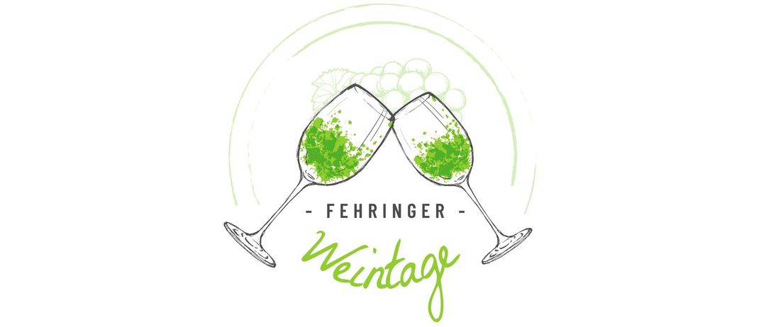 Illustration von zwei Weingläsern mit grüner Flüssigkeit, beschriftet mit 'Fehringer' und 'Weinstage', umgeben von einem grünen Kreis.