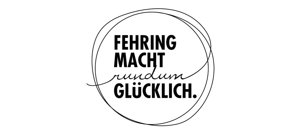 Ein kreisförmiges Logo mit den Worten 'Ferring Macht Rundum Glücklich' in Schwarz geschrieben, möglicherweise als Marke oder Slogan.