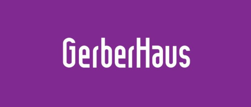 Das Wort GerberHaus ist in weiß auf einem lila Hintergrund geschrieben.