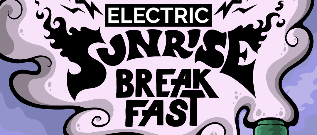 Ein Veranstaltungsplakat für 'Sour Break Fast' mit einer Flasche Kurbishof, einer Uhr, einem Becher, einer Schallplatte und einer Rose. Das Datum ist der 6. September 2026, von 6:00 Uhr bis 11:00 Uhr bei 8350 Fehring Weinberg 78. DJs Gummix & Fauda treten auf.