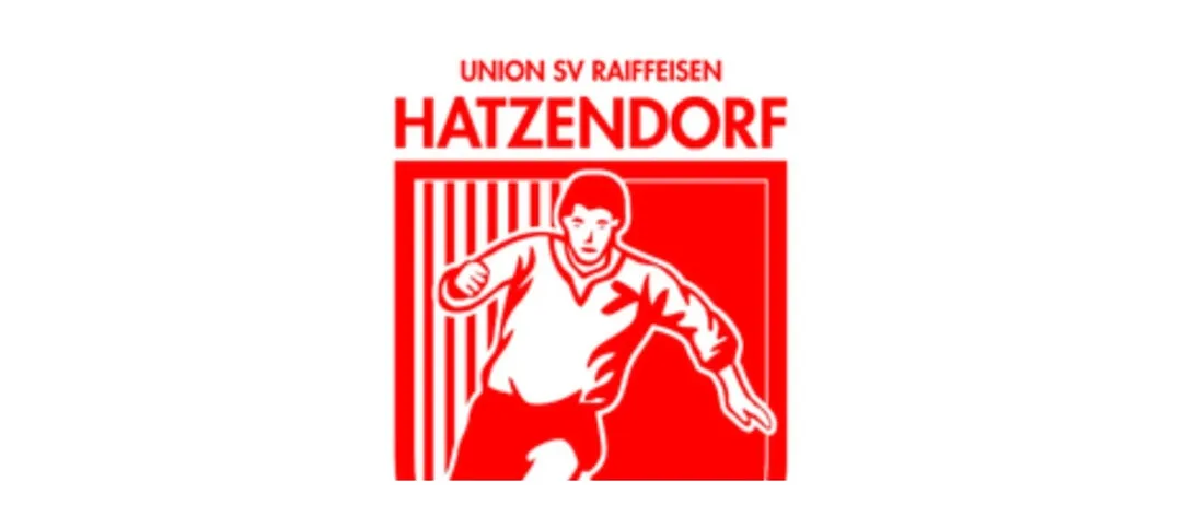 Ein rotes und weißes Logo für Union SV Raiffeisen Hatzendorf mit einem Mann in einem weißen Shirt und roten Shorts, der läuft.