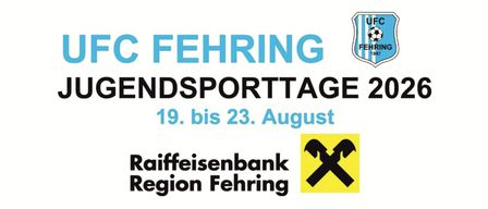 Poster for Fehring's annual sports event, scheduled from August 19th to 23rd, featuring the Raiffeisenbank Region Fehring logo.