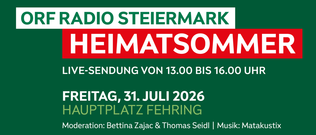 Plakat für die ORF Radio Steiermark Heimatsommer Veranstaltung, mit einer Gruppe von Menschen, die Sommerartikel wie Wassermelone, Ananas und Strandball halten.