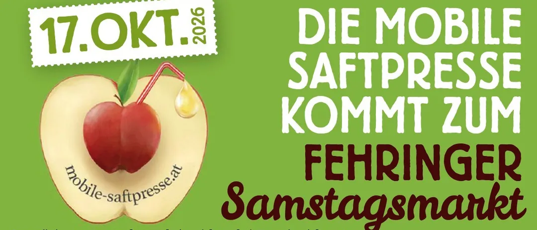 Plakat für die Apfelsaftpresse-Veranstaltung in Fehring, Österreich, mit einem Apfel, einem Strohhalm und einem Tropfen Saft, Datum 2026 und Kontaktinformationen.