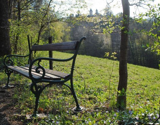 Eine Bank in einem Grasfeld, umgeben von Bäumen und Pflanzen, mit einem Blick auf eine Burg in der Ferne.
