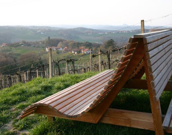 Eine Holzbank befindet sich auf einem Grashügel mit Blick auf ein Weingut. Ein Zaun umgibt das Weingut, und Häuser sind in der Ferne zu sehen.