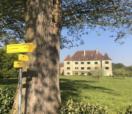 Ein gelbes Schild an einem Pfosten steht neben einem großen Baum mit einem Herrenhaus im Hintergrund. Der Himmel ist klar und blau.