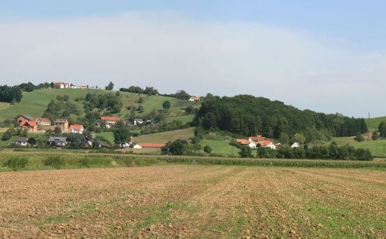 Ein Panoramablick auf eine ländliche Landschaft mit einem breiten, kultivierten Feld, einem mit Häusern übersäten Hügel und einem dichten Wald. Der Himmel ist klar und blau.