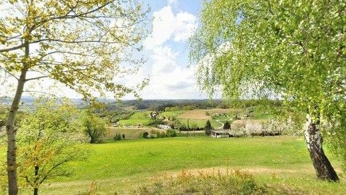 Eine malerische Landschaft mit üppigen grünen Feldern, verstreuten Bäumen und einem entfernten Dorf unter einem blauen Himmel mit Wolken.