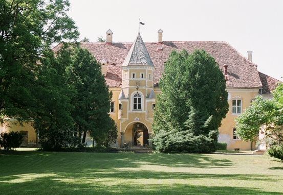 Ein großes gelbes Schloss mit einem braunen Dach, umgeben von üppigen grünen Bäumen und Büschen. Der Eingang ist gewölbt und auf dem Dach befindet sich eine Fahne.