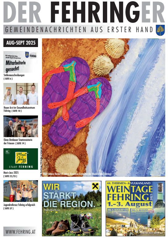 Eine bunte Flip-Flop-Zeichnung auf einem sandigen Strand mit Muscheln, Teil einer lokalen Gemeindezeitung von August bis September 2025.