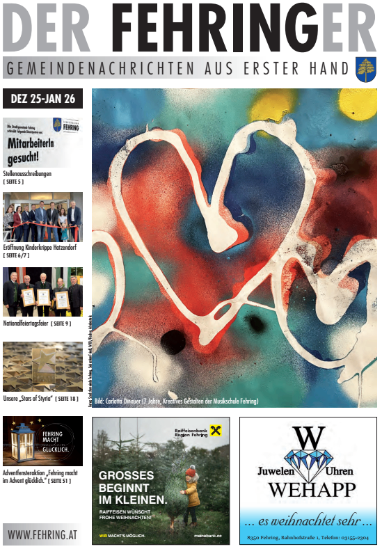 Ein farbenfrohes abstraktes Bild mit verschiedenen Formen und Linien in Rot, Blau, Gelb und Grün. Es ähnelt einer Herzform mit schwarzem Umriss. Das Bild trägt den Titel 'DER FEHRINGER' und wird von einem deutschen Text begleitet.