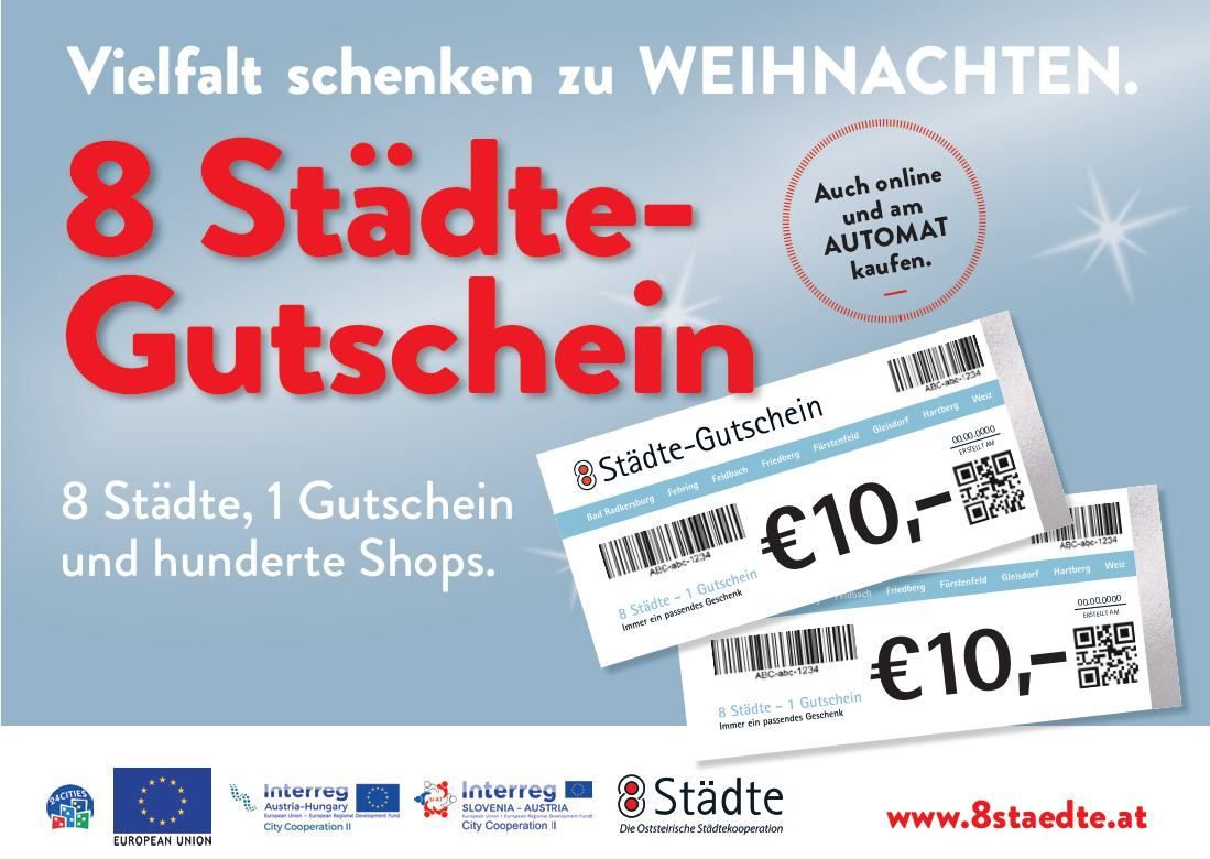 Werbeplakat für Stadte-Gutschein, ein Geschenkgutschein im Wert von 10 Euro, gültig in mehreren Geschäften, mit Online- und Automatenkaufoption. Beinhaltet Logos der Europäischen Union und Interreg Österreich-Ungarn.