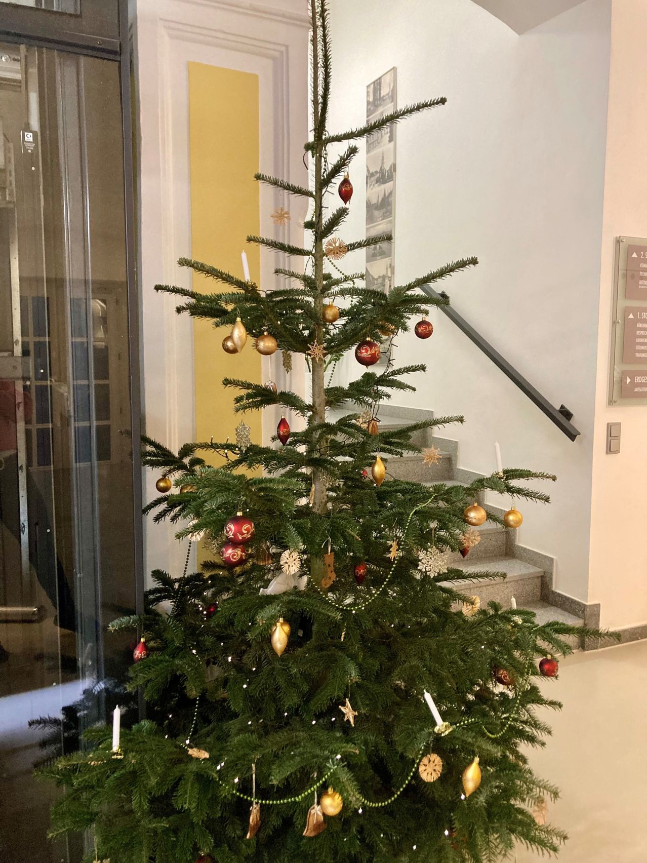 A Christmas tree is decorated with ornaments and candles, standing in front of a glass door and staircase.