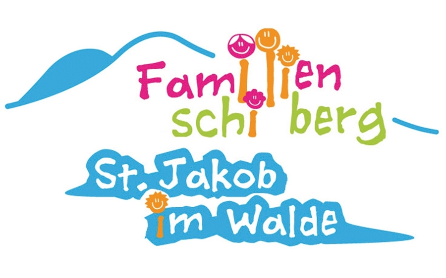The logo for Familien Schiberg St. Jakob in Walde with a blue mountain and smiling faces in various colors.