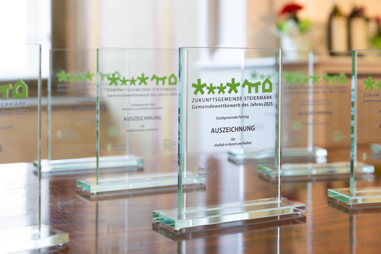 Mehrere Glasauszeichnungen auf einem Holztisch mit verschwommenem Hintergrund. Die zentrale Auszeichnung lautet 'Zukunftsgemeinde Steiermark Gemeindewettbewerb des Jahres 2025 Auszeichnung' und 'für Vielfalt in Kunst und Kultur.'