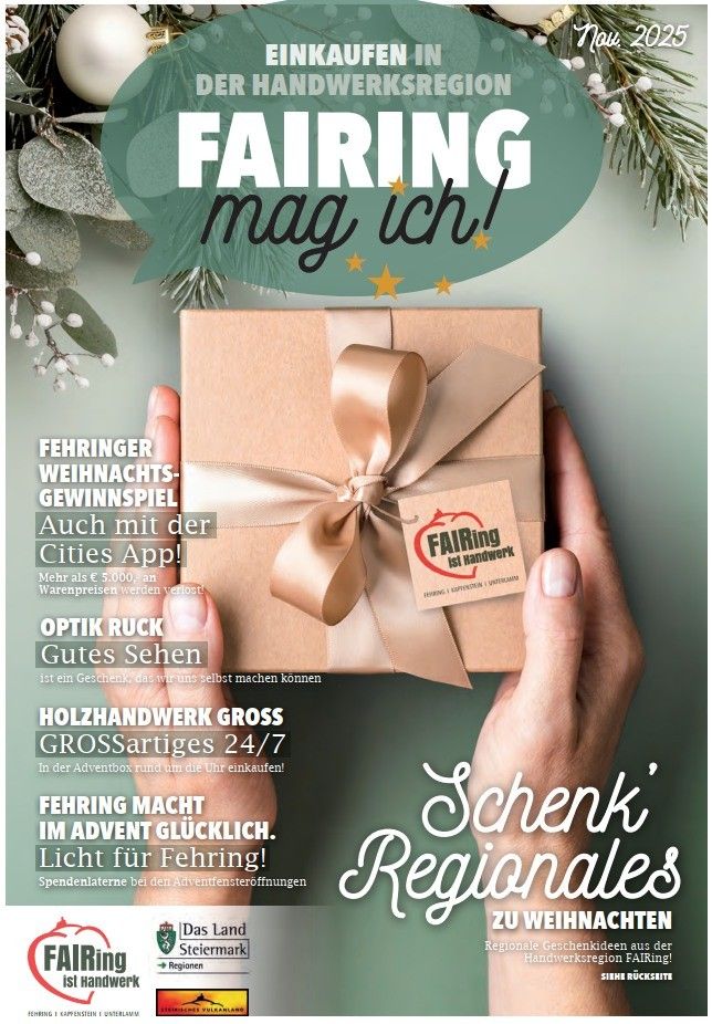 Das Titelbild zeigt eine Geschenkbox und bewirbt ein Winterabenteuer-Spiel mit über 5.000 Preisen. Es betont die Bedeutung von Sichtbarkeit mit 'Gutes Sehen' und ermutigt zum Kauf einer Geschenkbox. Die Hände, die die Box halten, symbolisieren die Freude am Schenken.