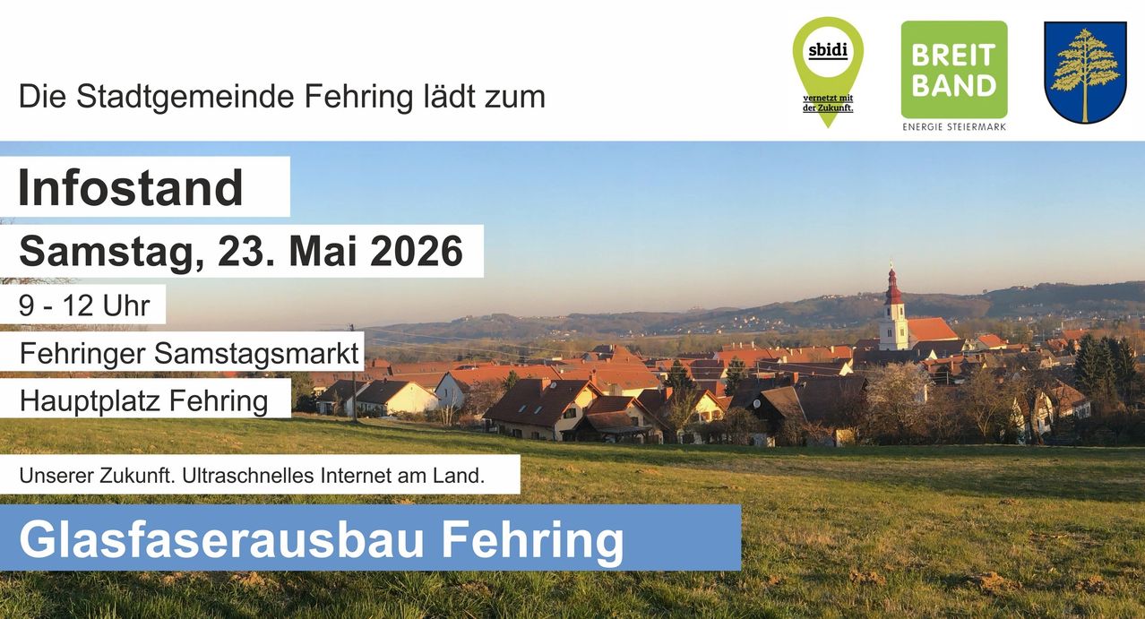 Bild zur Werbung für ein Gemeinschaftsprojekt zur Hochgeschwindigkeitsinternetversorgung in Fehring, Österreich, geplant für Mai 2026. Das Plakat zeigt eine Landschaftsansicht mit Häusern und Bergen und betont die zukünftige Verfügbarkeit des Internets.