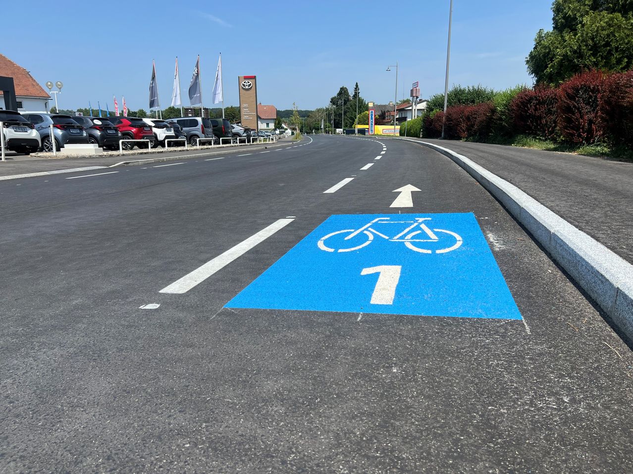 A blue bicycle lane marked with a white number 1 on a road with parked cars and flags in the background.