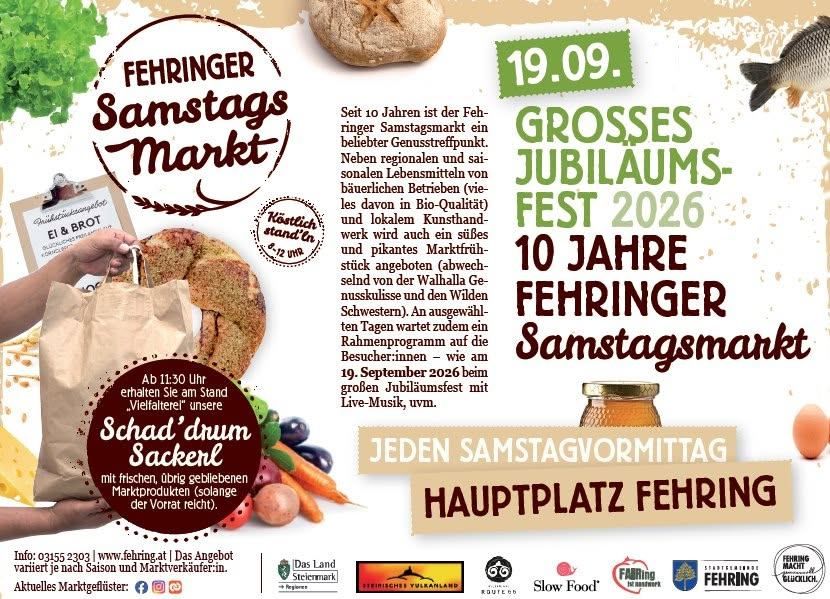 Poster advertising the 10th anniversary of the Fehring Saturday market, featuring a variety of local products, including bread, vegetables, and honey. The event will take place on September 19, 2026, with live music and a diverse range of food and crafts.