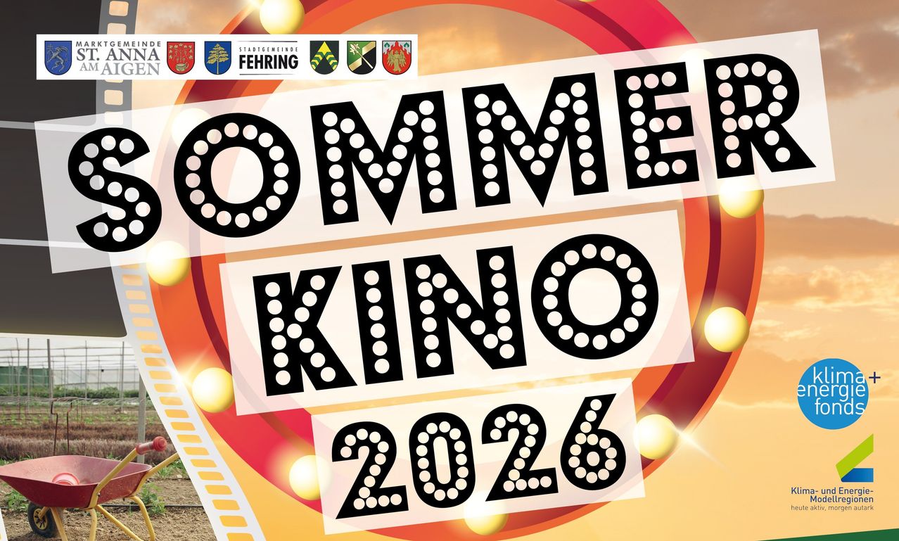 Ein Plakat für ein Freiluftkino-Event im Jahr 2026. Es zeigt den Text 'Sommerkino 2026' mit Logos oben.