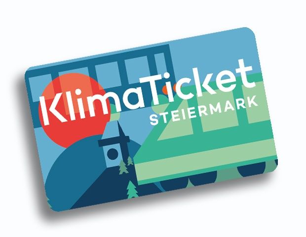 Illustration einer KlimaTicket Steiermark Karte mit einem Zug, rotem Kreis und Bäumen auf blauem Hintergrund.