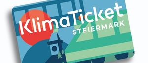 Illustration einer KlimaTicket Steiermark Karte mit einem Zug, rotem Kreis und Bäumen auf blauem Hintergrund.