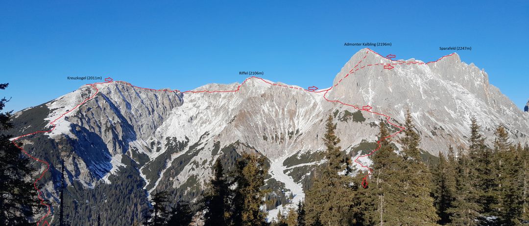 Bergkette mit schneebedeckten Gipfeln. Rote Linien zeigen Wanderwege an. Riffel und Admonter Kalbling sind beschriftet. Bäume am Fuße der Berge.