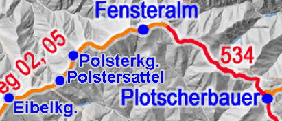 Eine Karte, die eine bergige Region mit verschiedenen markierten Orten zeigt. Sie enthält Namen wie Fensteralm, Polsterk, Polstersattel, Plotscherbauer, Zentralappenweg, Eibelkg, Kreuzsattel, Lärchkogel, Speikkogel und Gleinalmschutzhaus.