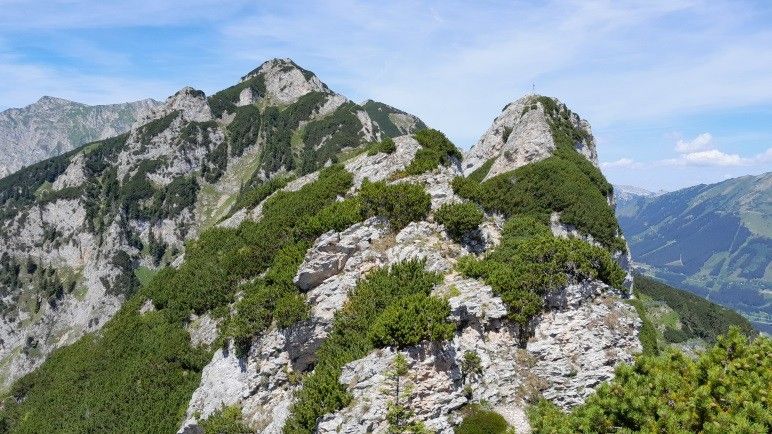 Ein hochgelegener Blick auf raue Berge mit felsigen Klippen und üppigem grünem Bewuchs unter einem klaren blauen Himmel.