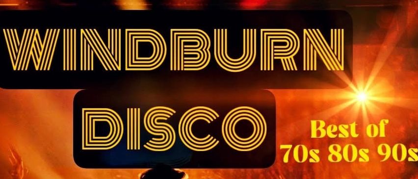 Plakat für Windburn Disco, eine Tanzveranstaltung am 7. März 2026, mit DJ Plato und einer lebhaften Tanzfläche mit Disco-Lichtern.