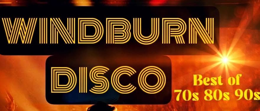 Plakat für Windburn Disco, eine Tanzveranstaltung am 7. März 2026, mit DJ Plato und einer lebhaften Tanzfläche mit Disco-Lichtern.