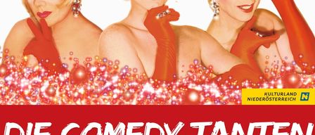 Werbeposter für die Veranstaltung 'Die Comedy Tanten' mit drei Frauen in roten Hüten, Handschuhen und Make-up. Datum: Samstag, 20. Februar 2027. Zeit: 19:00 Uhr. Ort: GUK-Veranstaltungssaal Rabenstein an der Pielach.