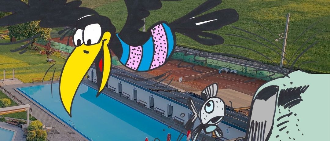 Eine Cartoon-Abbildung eines Vogels, der über einem Schwimmbecken fliegt, wobei ein Fisch ins Wasser fällt. Unten steht der Text 'Kabinenraümung'.