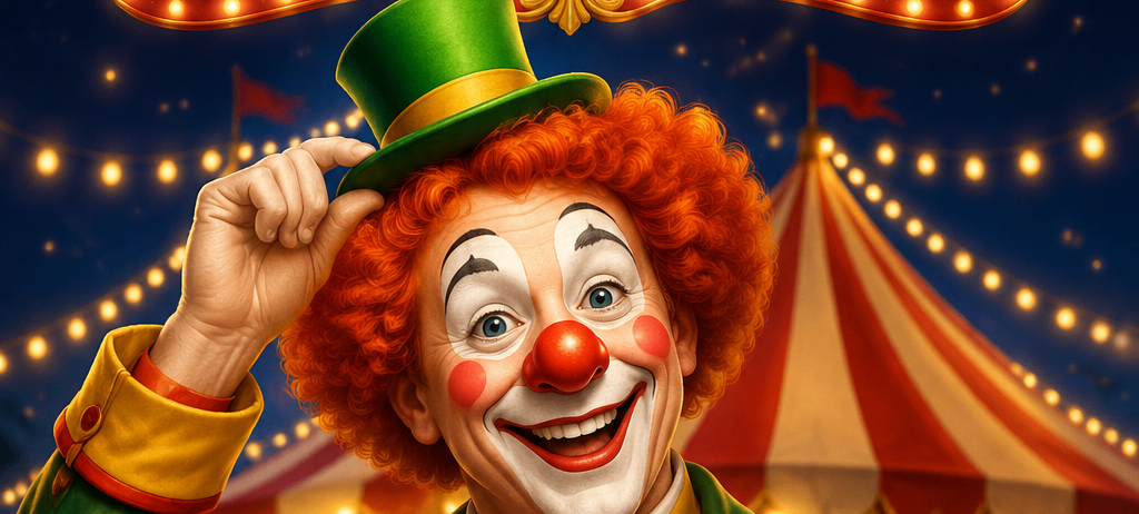 Ein fröhlicher Clown mit roten Haaren und einem grünen Hut steht vor einem Zirkuszelt. Das Schild darüber lautet 'Circus in Rabenstein'.