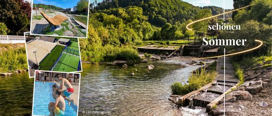 Eine friedliche Szene mit einem Berg, umgeben von üppigem Grün und einem Fluss, der hindurchfließt. Steine sind entlang des Flussufers sichtbar, und ein gebogenes gelbes Licht spiegelt sich auf der Wasseroberfläche.