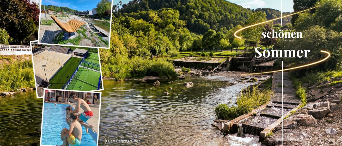 Eine friedliche Szene mit einem Berg, umgeben von üppigem Grün und einem Fluss, der hindurchfließt. Steine sind entlang des Flussufers sichtbar, und ein gebogenes gelbes Licht spiegelt sich auf der Wasseroberfläche.