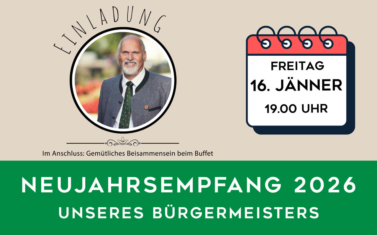 Ein Einladungsposter zeigt einen Mann im Anzug mit dem Datum 16. Januar, Zeit 19:00 und einem Buffet. Der Plakattext lautet Jahresempfang und lädt zum Treffen des Bürgermeisters ein.