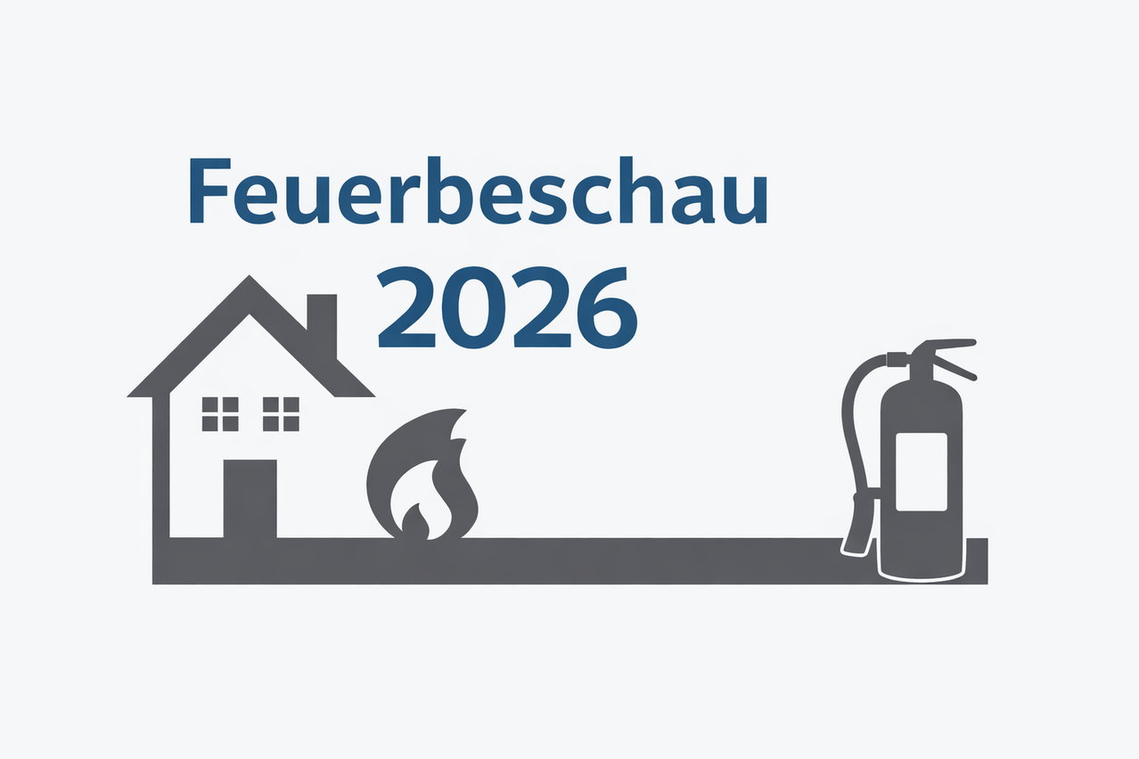 Ein Infografik für eine Brandschutzinspektion im Jahr 2026. Es zeigt ein Haus, ein Feuer und einen Feuerlöscher.