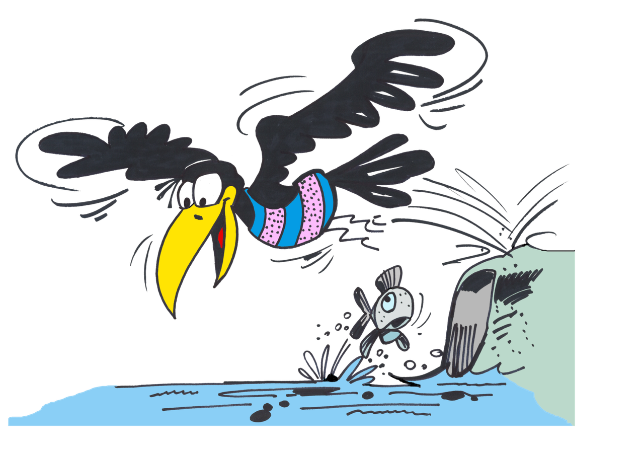 Ein gezeichneter Vogel taucht ins Wasser, um einen Fisch zu fangen. Der Vogel trägt einen bunten Pullover und spritzt im Wasser.