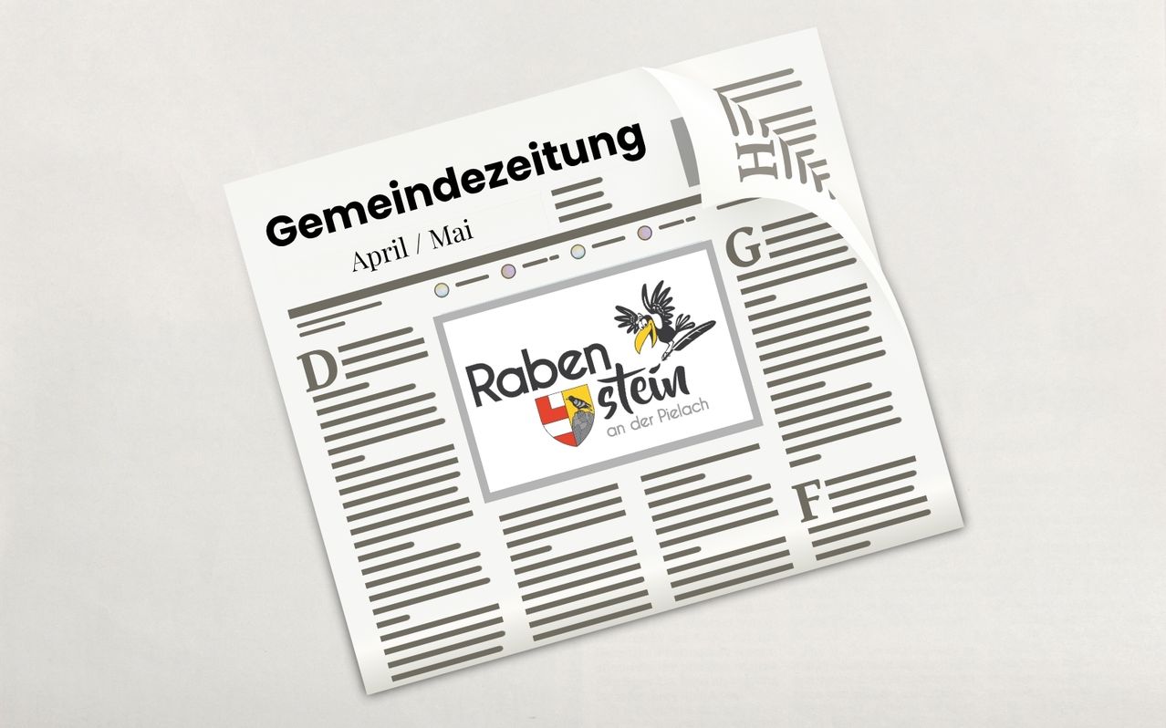 Eine Zeitung mit dem Titel Gemeindezeitung mit dem Titel April/Mai. In der Mitte ist ein Vogellogo mit den Worten Raben stein an der Pielach.