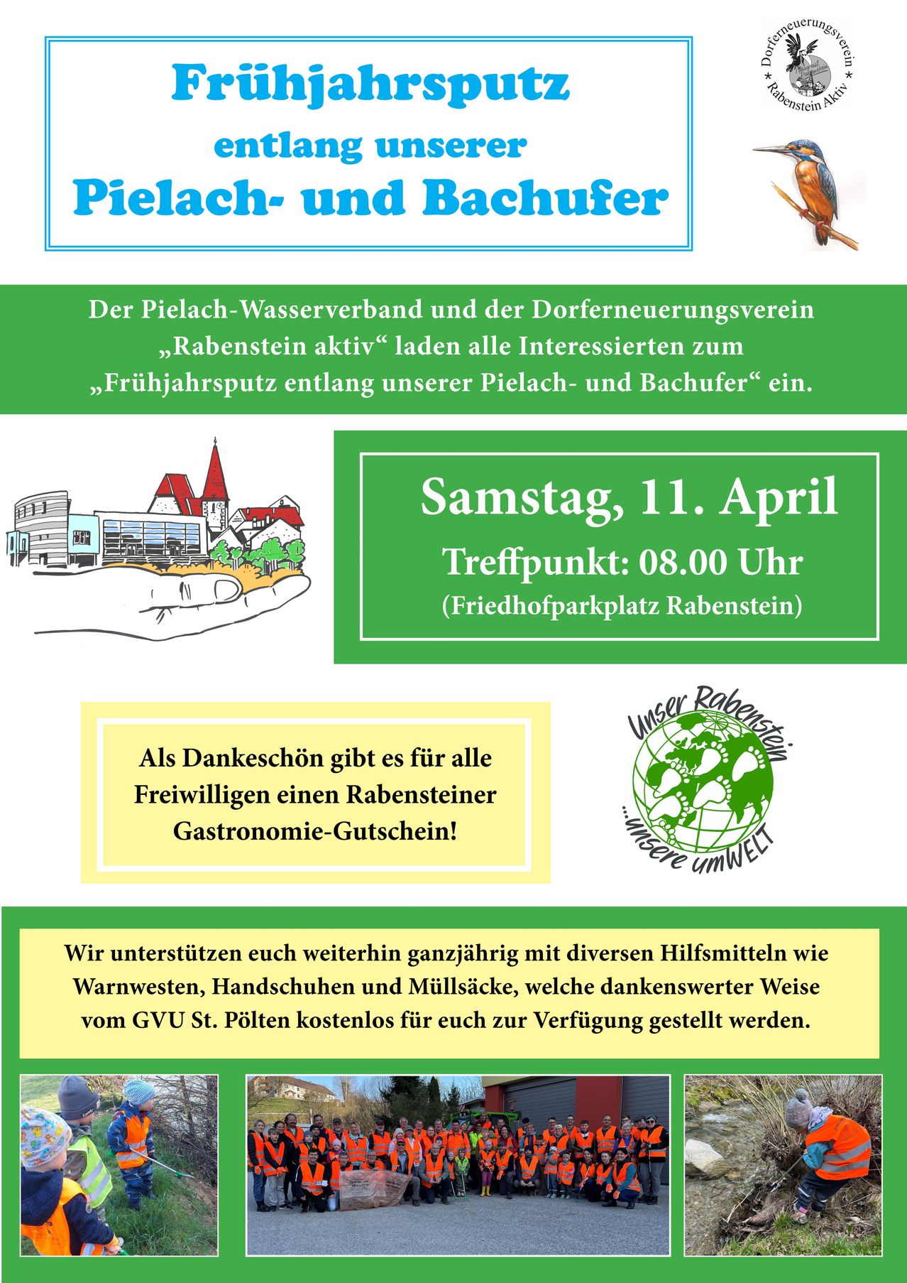 Einladung zum Frühjahrsspaziergang entlang Pielach und Bachufer. Veranstaltung am Samstag, 11. April um 08:00 Uhr am Friedhofsparkplatz Rabenstein. Als Dankeschön erhalten Freiwillige einen Rabensteiner Gastronomiegutschein. Hilfsmittel wie warme Westen, Handschuhe und Taschen werden von GVU St. Pölten bereitgestellt.