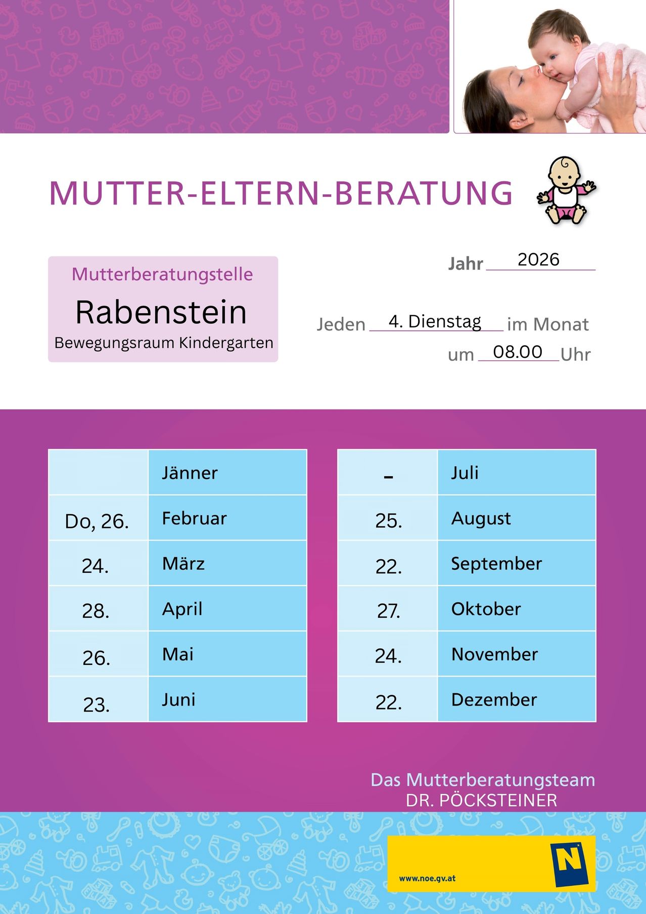 Der Mutter-Eltern-Beratung Zeitplan ist für 2026 angezeigt. Der Ort ist Rabenstein und befindet sich im Kindergarten Bewegungsraum. Die Beratung findet jeden Dienstag des Monats um 08:00 Uhr statt. Termine sind für verschiedene Monate aufgelistet.