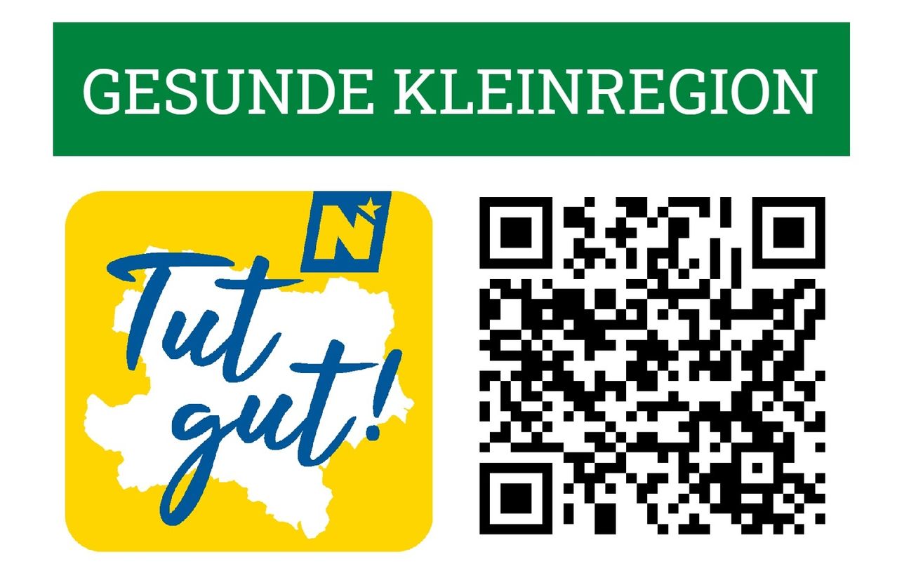 Ein Werbebild mit einem gelben und weißen Kartendesign und den Worten 'Gut gut!' in Blau, zusammen mit einem QR-Code auf der rechten Seite.