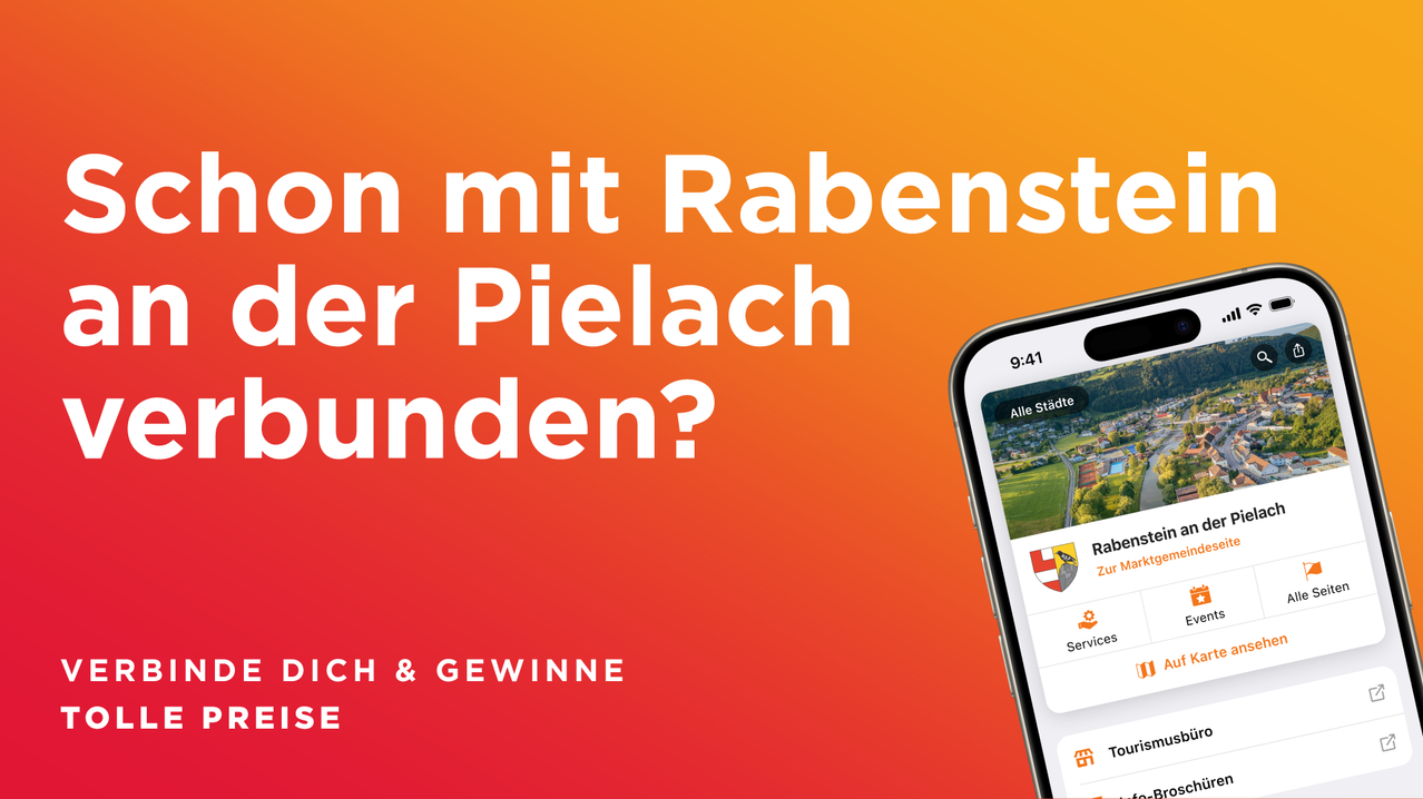 Eine Werbung für eine mobile App zeigt einen Telefonbildschirm mit der Zeit 9:41. Der Text lautet 'Schließe dich mit Rabensteiner Pils für Pilsach Stunden an?' Unten steht der Text 'GLÜCK & GEWINNE'.