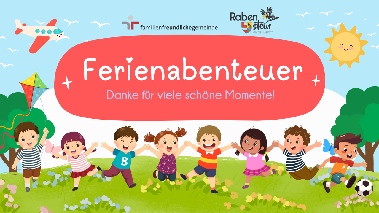 Illustration von Kindern, die auf einem Feld spielen, mit einem Banner, das Ferienabenteuer sagt, Danke für viele schöne Momente.