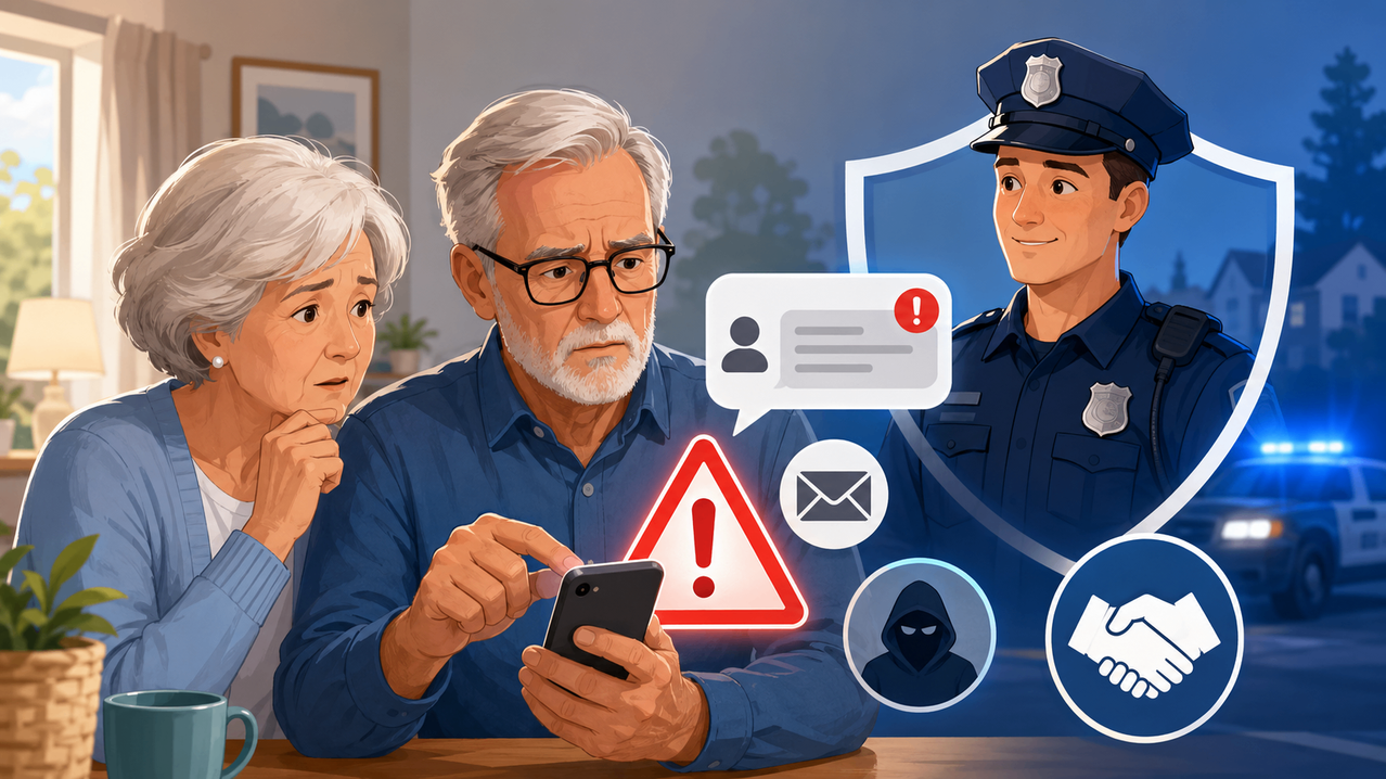 Ein älterer Mann benutzt sein Handy, während ein Polizist und ein Hacker-Symbol in der Nähe erscheinen, was auf einen möglichen Betrug hinweist.
