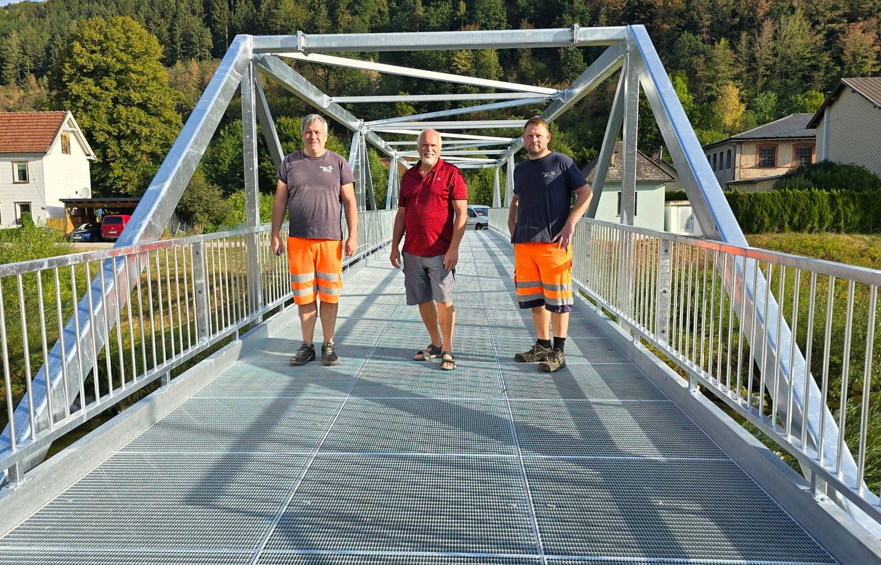 Drei Männer in Sicherheitsausrüstung stehen auf einer Metallbrücke mit einem Metallgitterboden, umgeben von Grün.